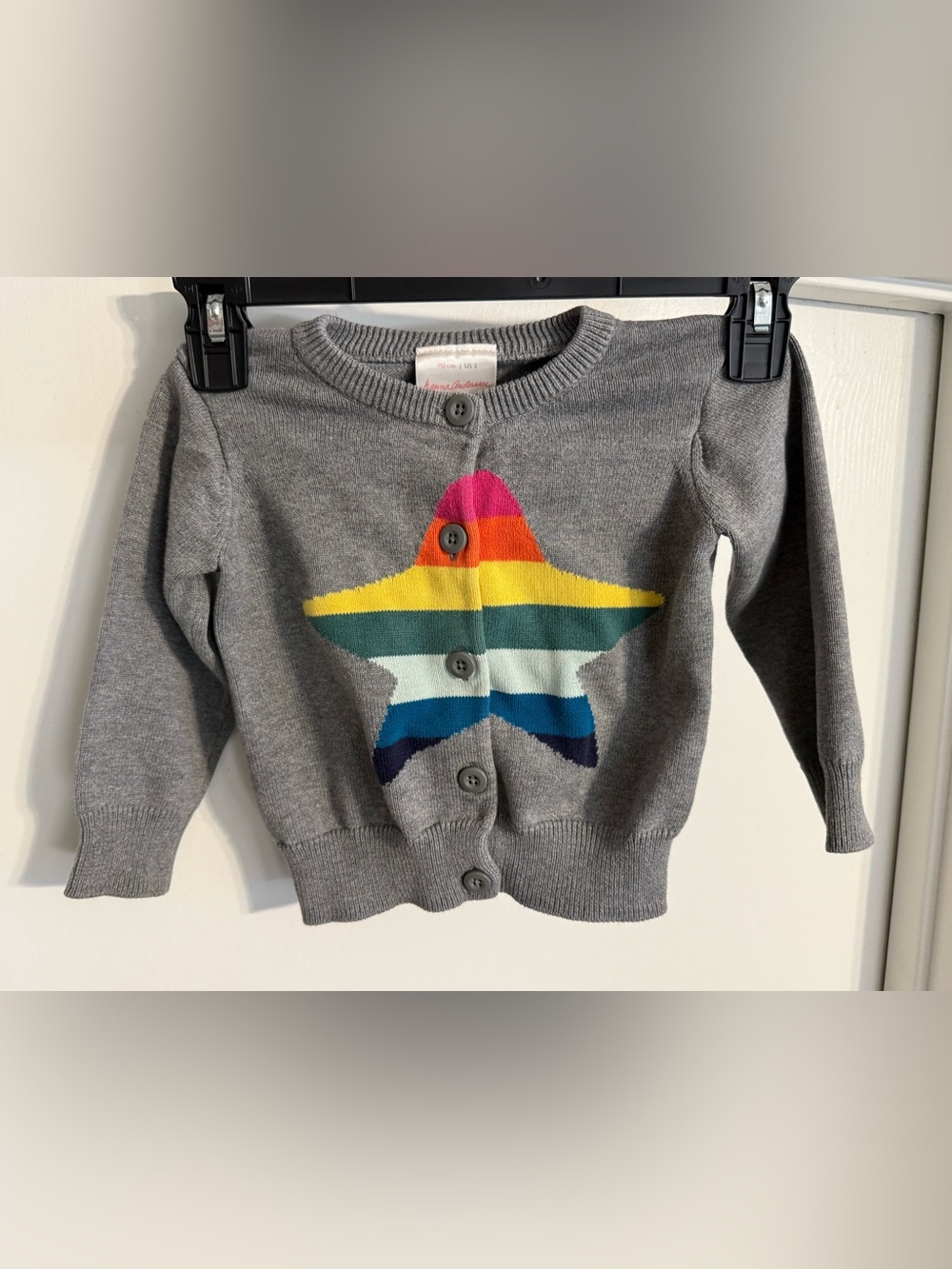 Hanna Andersson knit grey cardigan with rainbow striped star size 3